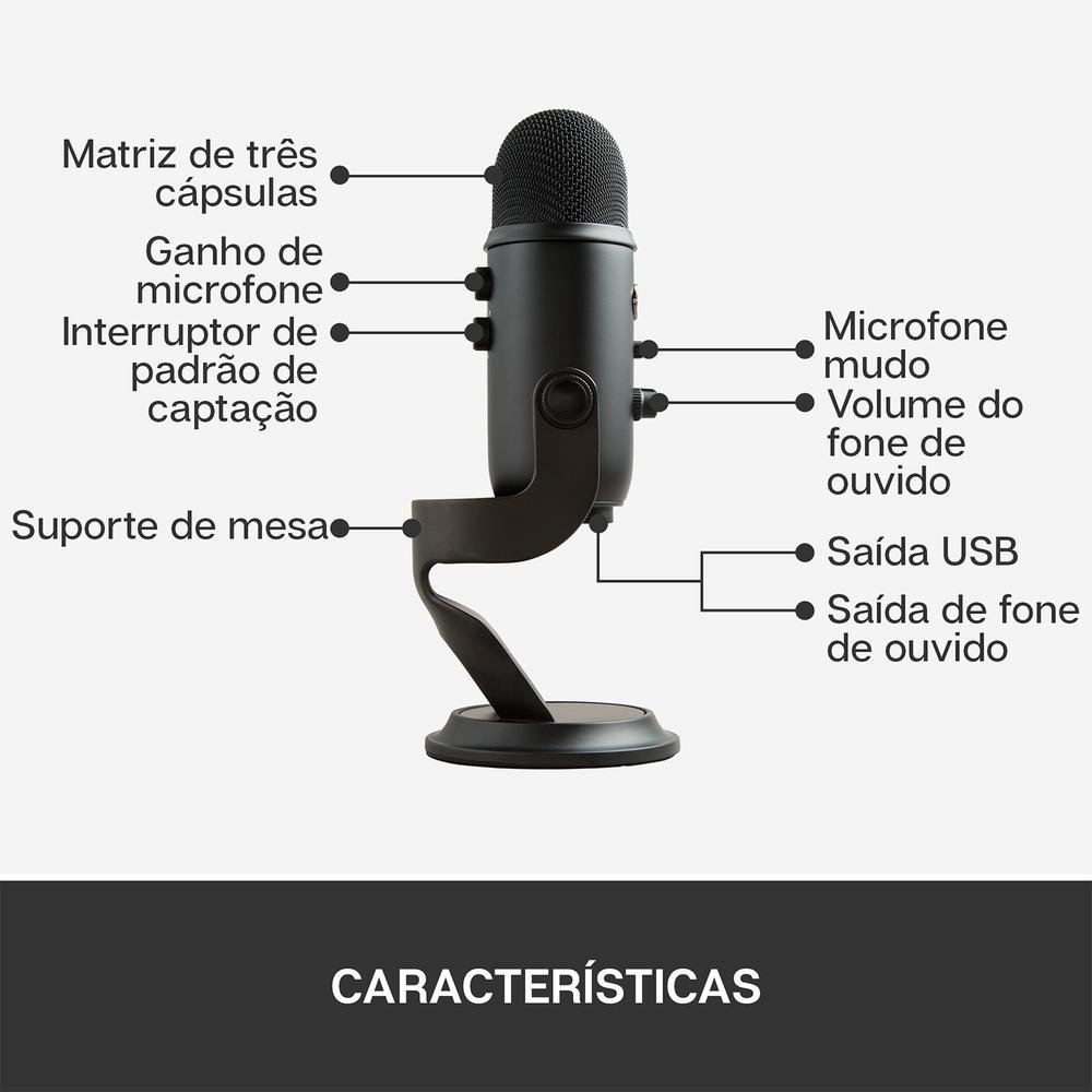 Microfone Condensador Blue Yeti Podcast, USB, Preto - 988-000100 Microfone Condensador Blue Yeti Podcast, USB, Preto - 988-000100