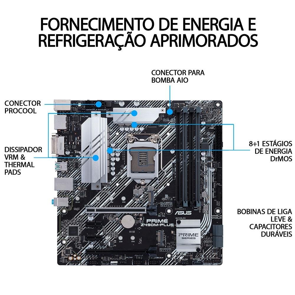 Placa-Mãe ASUS Prime Z490M-Plus, Intel LGA 1200, mATX, DDR4, Preto - PRIME Z490M-PLUS Placa-Mãe ASUS Prime Z490M-Plus, Intel LGA 1200, mATX, DDR4, Preto - PRIME Z490M-PLUS