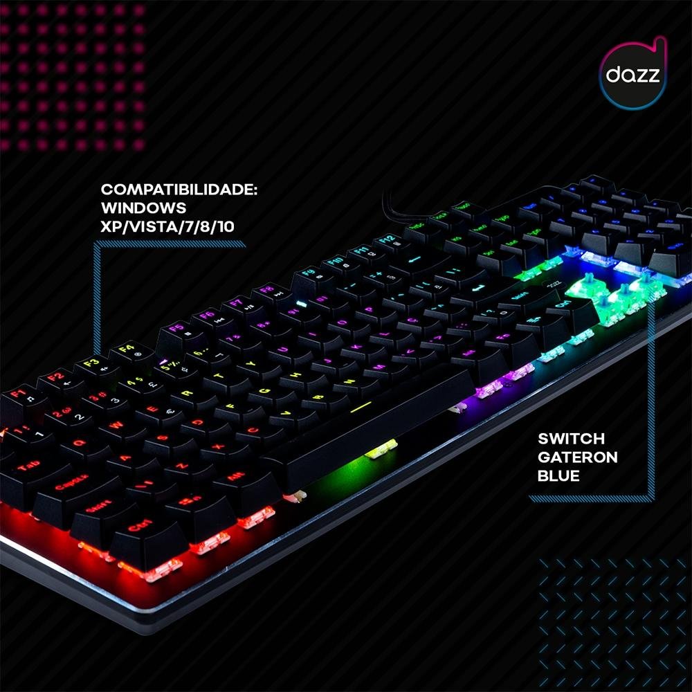 Teclado Mecânico Gamer Dazz Orion, RGB, Switch Gateron Blue, ABNT2
