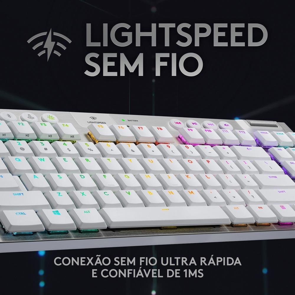 Teclado Mecânico Gamer Sem Fio Logitech G915 TKL RGB LIGHTSYNC, USB ou Bluetooth, Ultrafino, Switch GL Tactile, Branco - 920-009660 Teclado Mecânico Gamer Sem Fio Logitech G915 TKL RGB LIGHTSYNC, USB ou Bluetooth, Ultrafino, Switch GL Tactile, Branco - 920-009660