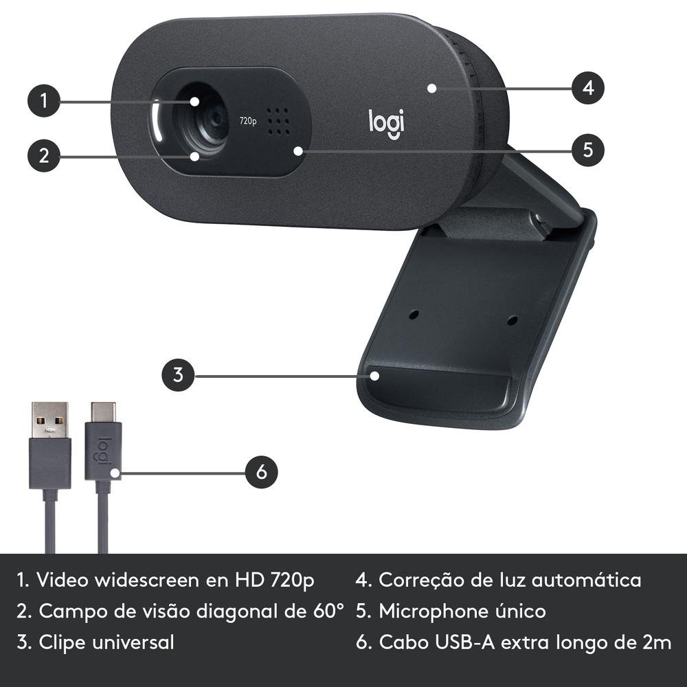 Webcam HD Logitech C505 com Microfone Embutido de Longo Alcance e 3 MP para Chamadas e Gravações em Vídeo Widescreen - 960-001363