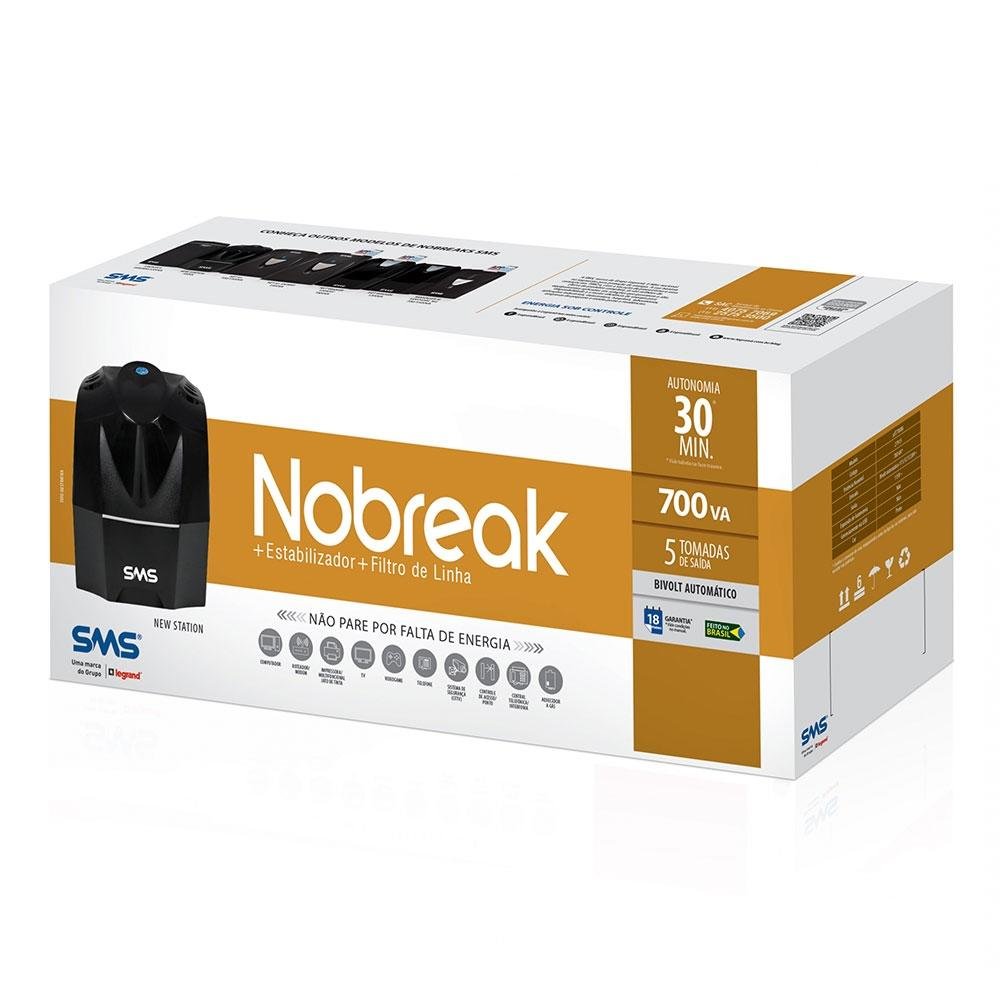 Nobreak SMS New Station, 700VA, Entrada Bivolt Automático e Saída 115V, com 6 Níveis de Proteção e Autodiagnostico de Bateria - 27915