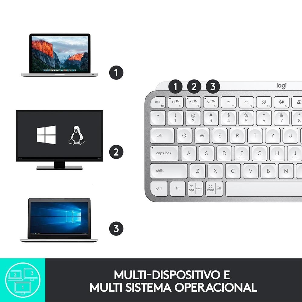 Teclado Sem Fio Logitech MX Keys Mini, Iluminação Smart, Bluetooth, USB, Easy-Switch, Recarregável, Cinza Claro - 920-010506