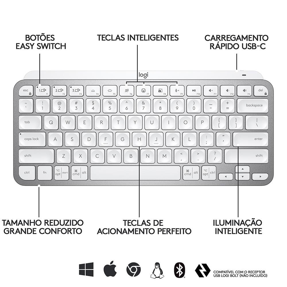 Teclado Sem Fio Logitech MX Keys Mini, Iluminação Smart, Bluetooth, USB, Easy-Switch, Recarregável, Cinza Claro - 920-010506