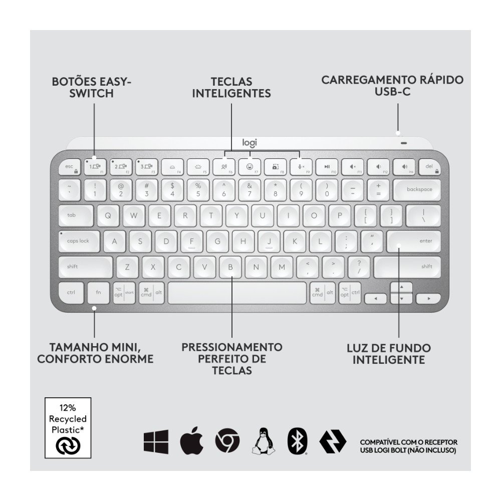 Teclado Sem Fio Logitech MX Keys Mini, Iluminação Smart, Bluetooth, USB, Easy-Switch, Recarregável, Cinza Claro - 920-010506