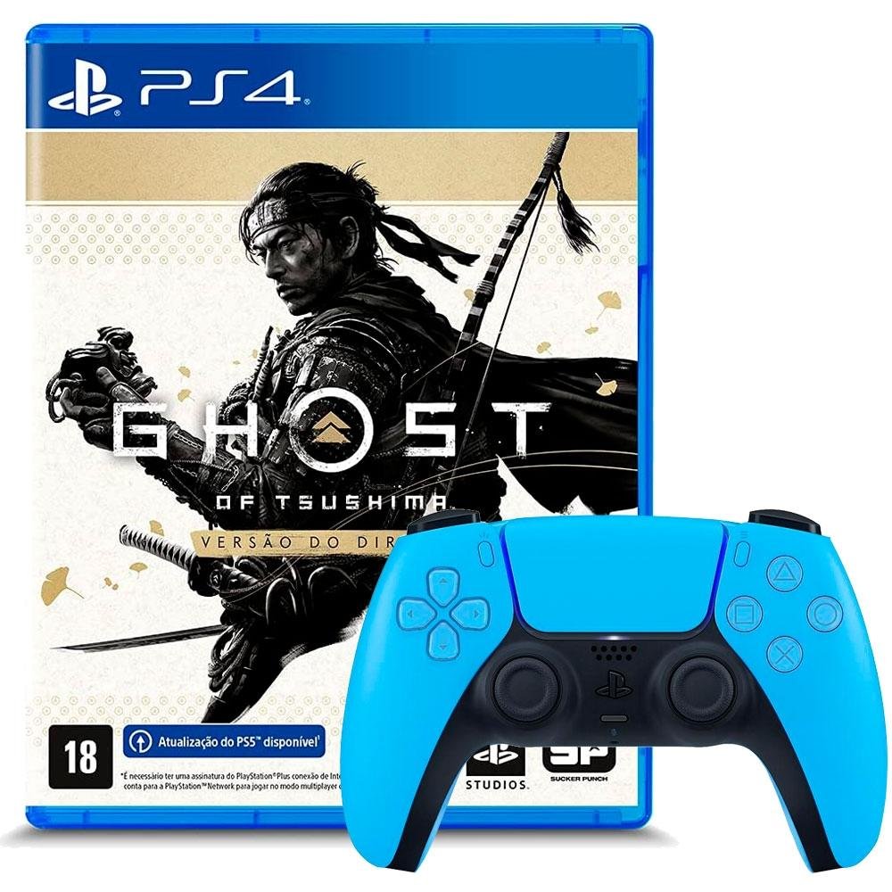 Kit Controle Sem Fio Sony PS5, DualSense, Starlight Blue + Jogo Ghost Of Tsushima Versão do Diretor PS5 Kit Controle Sem Fio Sony PS5, DualSense, Starlight Blue + Jogo Ghost Of Tsushima Versão do Diretor PS5