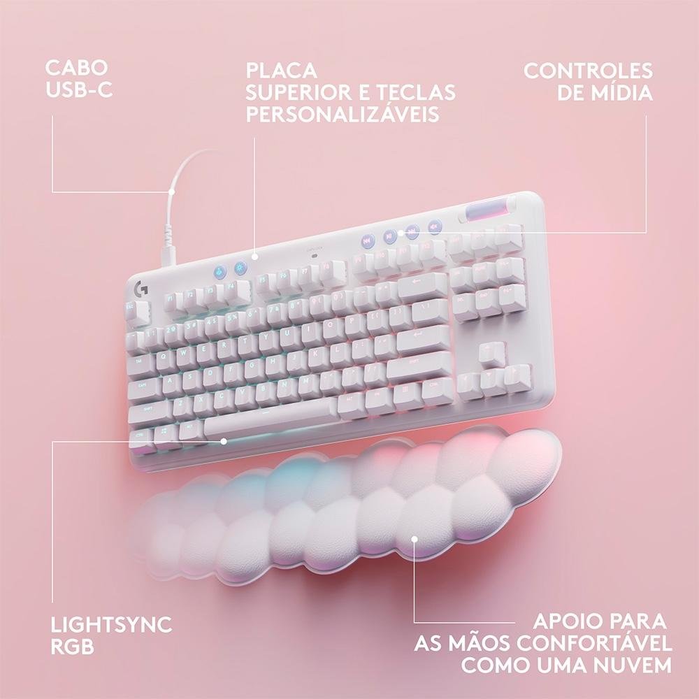 Teclado Mecânico Gamer Logitech G713, Coleção Aurora, Switch GX Red Linear, RGB LIGHTSYNC, Layout ABNT, Apoio para Mãos, Branco - 920-010705
