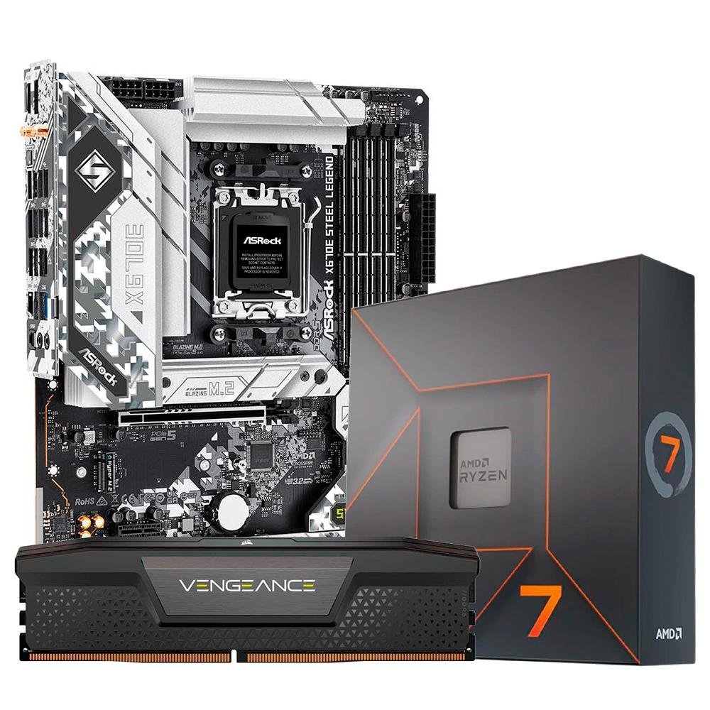 Kit Processador AMD Ryzen 7 7700X + Placa-Mãe Asrock X670E Steel
