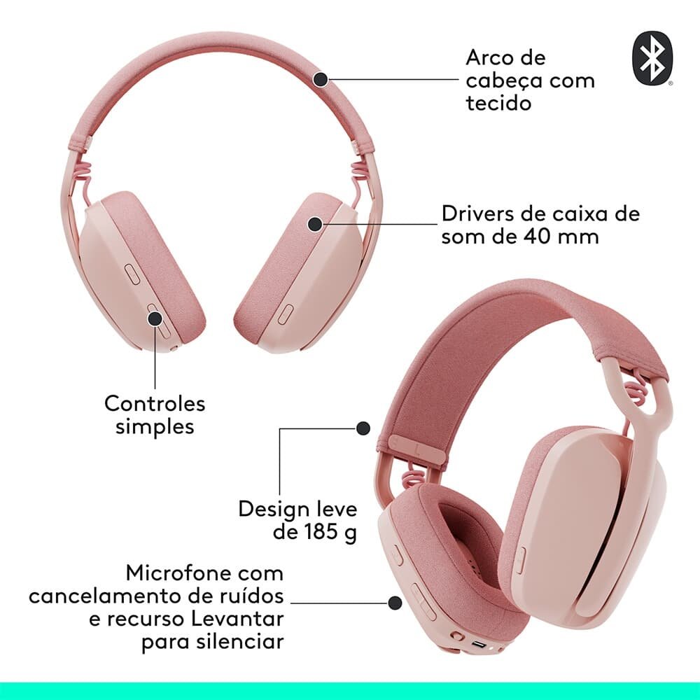 Headset Sem Fio Logitech Zone Vibe 100, Drivers 40 mm, USB, Bluetooth, PC, Mobile, Rosa - 981-001223