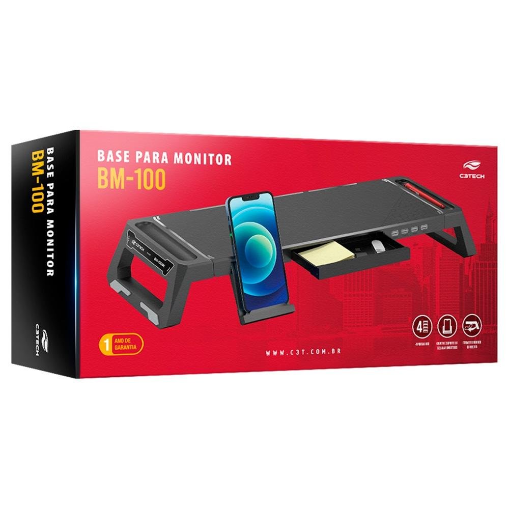 Suporte Base para Monitor C3Tech, Suporta Até 50kg Dobrado e 20kg Aberto, 4 Saídas USB 2.0, Preto - BM-100BK