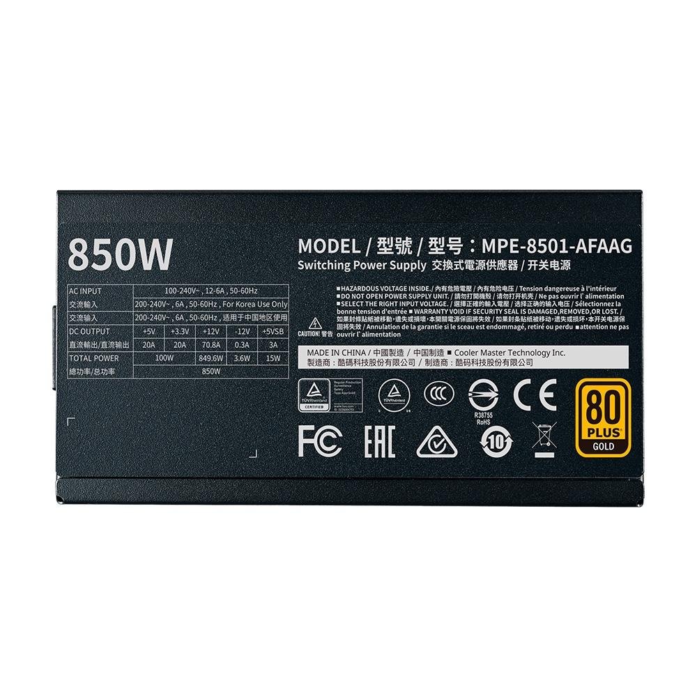 Fonte Cooler Master 850W, 80 Plus Gold, Modular, PFC Ativo, Bivolt, Sem Cabo, Branco - MPE-8501-AFAAG-GWO