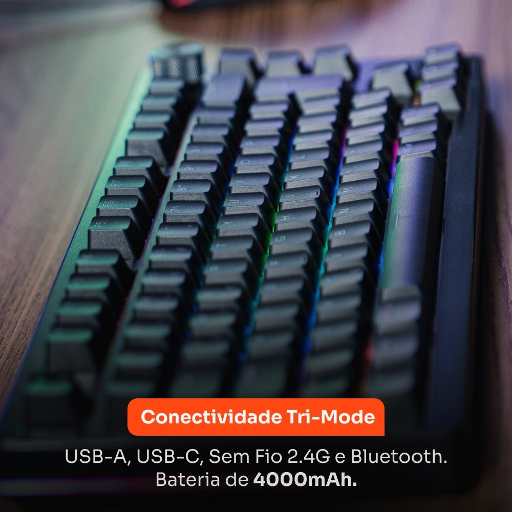 Teclado Sem Fio Mecânico Gamer Husky Nomadic, RGB, Switch Gateron G Pro Brown, Bluetooth, ABNT2, Preto - HTG800PTMA
