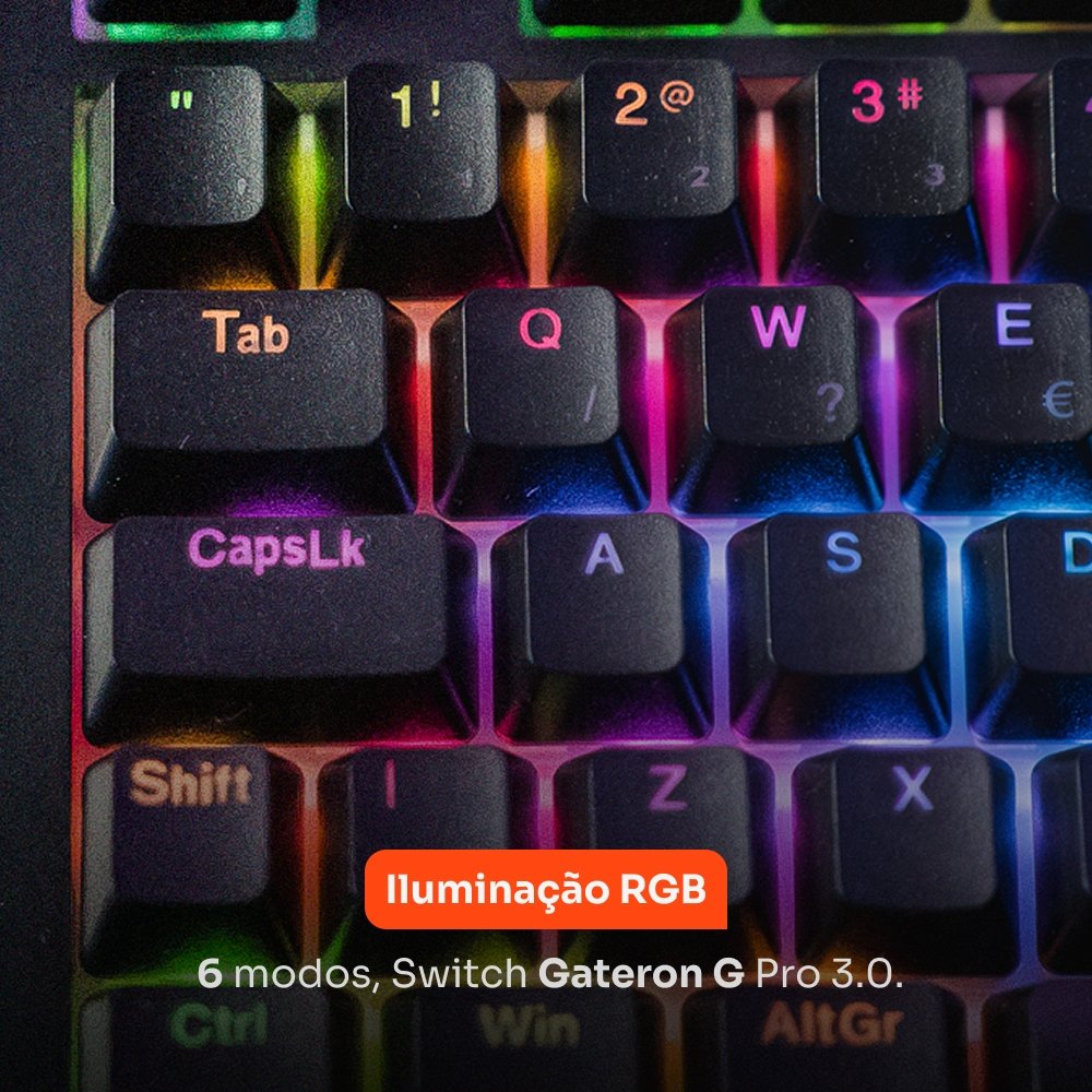 Teclado Sem Fio Mecânico Gamer Husky Nomadic, RGB, Switch Gateron G Pro Brown, Bluetooth, ABNT2, Preto - HTG800PTMA