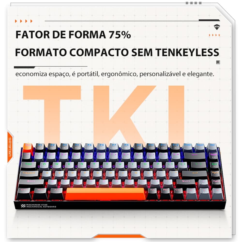Teclado Mecânico Gamer Machenike K500A-B84, RGB, Switch HUANO RED, 75% TKL, Hot-Swappable, Cinza Escuro e Laranja - K500A-B84 LG HRD EN