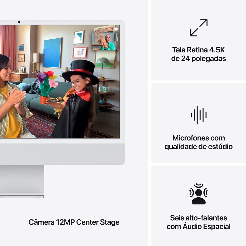 iMac Apple Tela Retina 24" 4.5K, Chip M4, CPU 10 Núcleos, GPU 10 Núcleos, Neural Engine de 16 Núcleos, 16GB RAM, 256GB SSD, Prata - MWUU3BZ/A