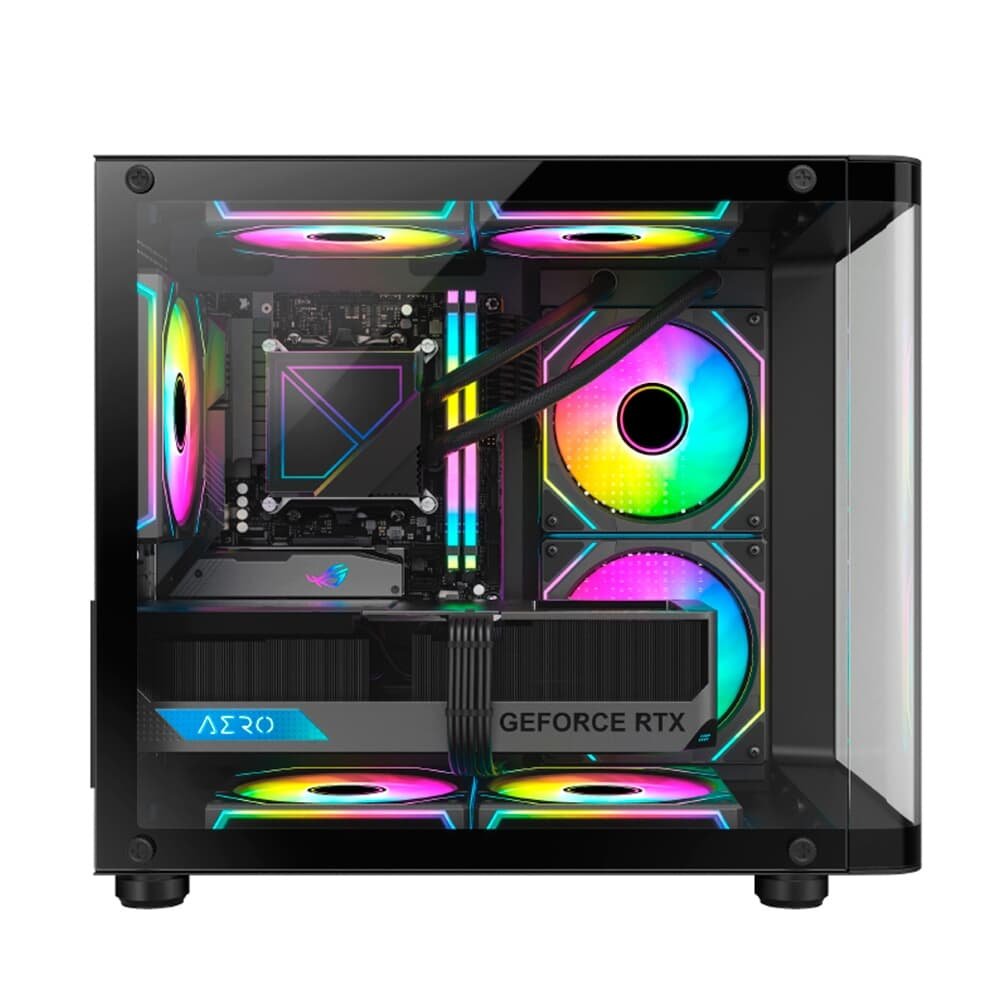 Gabinete Gamer HAYOM, Mini Tower, Lateral e Frontal em vidro, 4x FANs, Preto - GB1798
