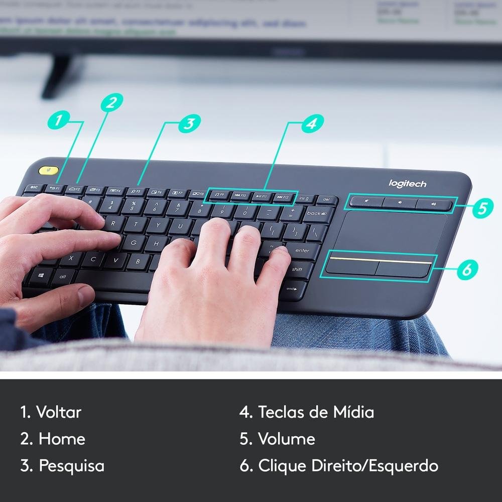 Teclado sem fio Logitech K400 Plus TV com Touchpad Integrado, Conexão USB Unifying e Layout ABNT2 - 920-007125 Teclado sem fio Logitech K400 Plus TV com Touchpad Integrado, Conexão USB Unifying e Layout ABNT2 - 920-007125