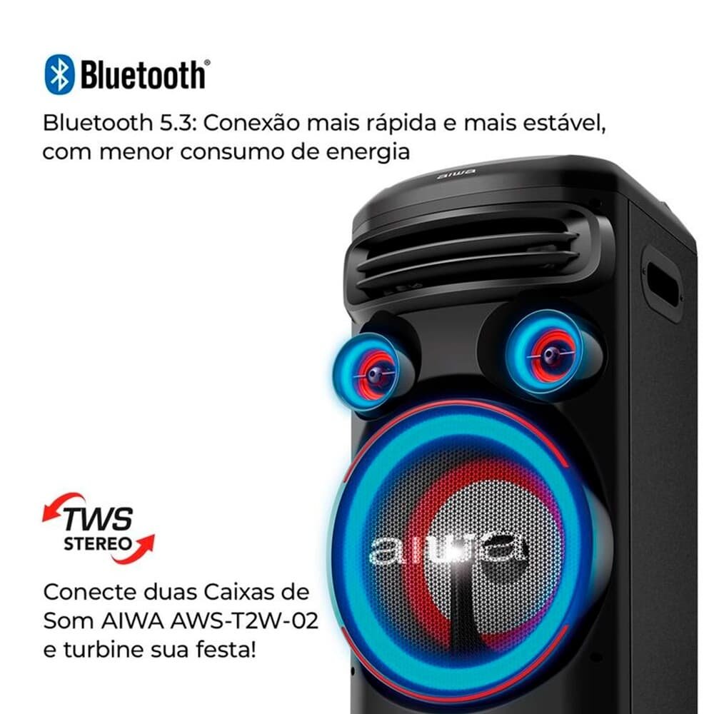 Torre De Som AIWA, RGB, Bivolt, Bluetooth 5.3, TWS, 2 Woofers 10, Preto - AWS-T2W-02