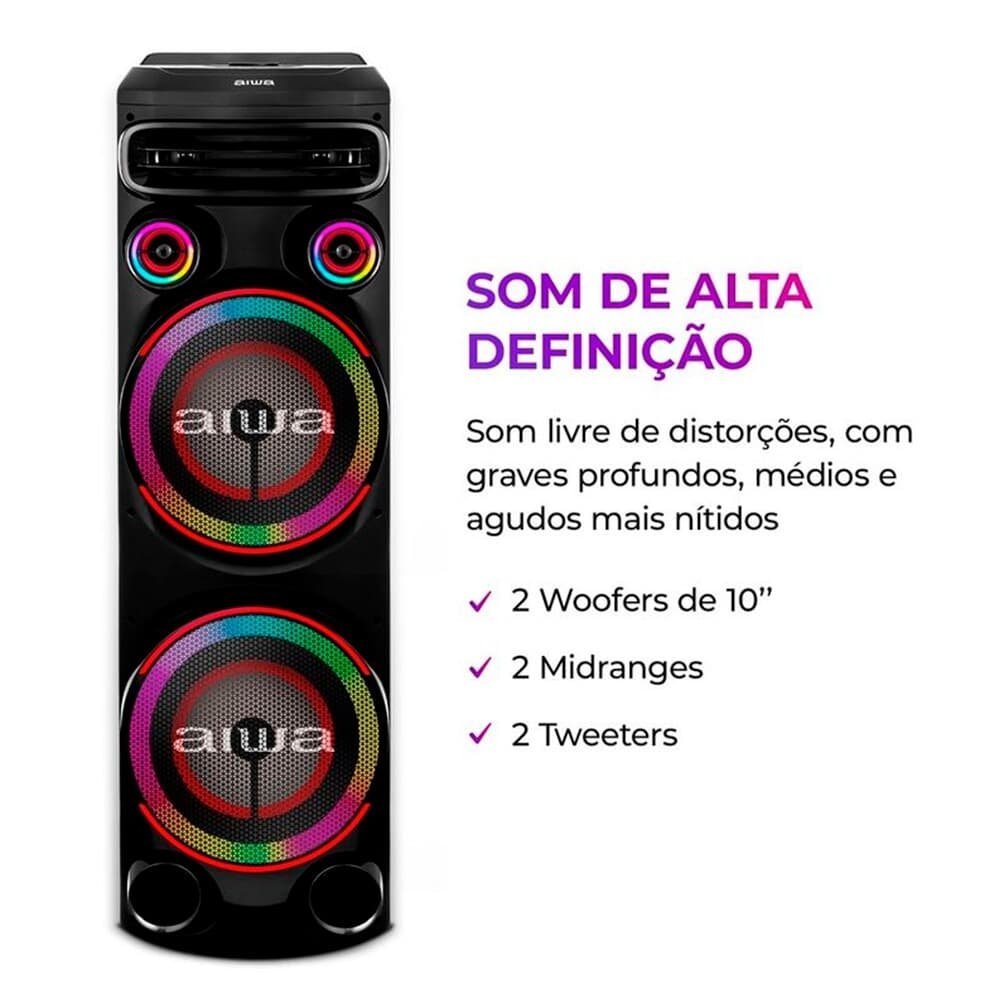 Torre De Som AIWA, RGB, Bivolt, Bluetooth 5.3, TWS, 2 Woofers 10, Preto - AWS-T2W-02