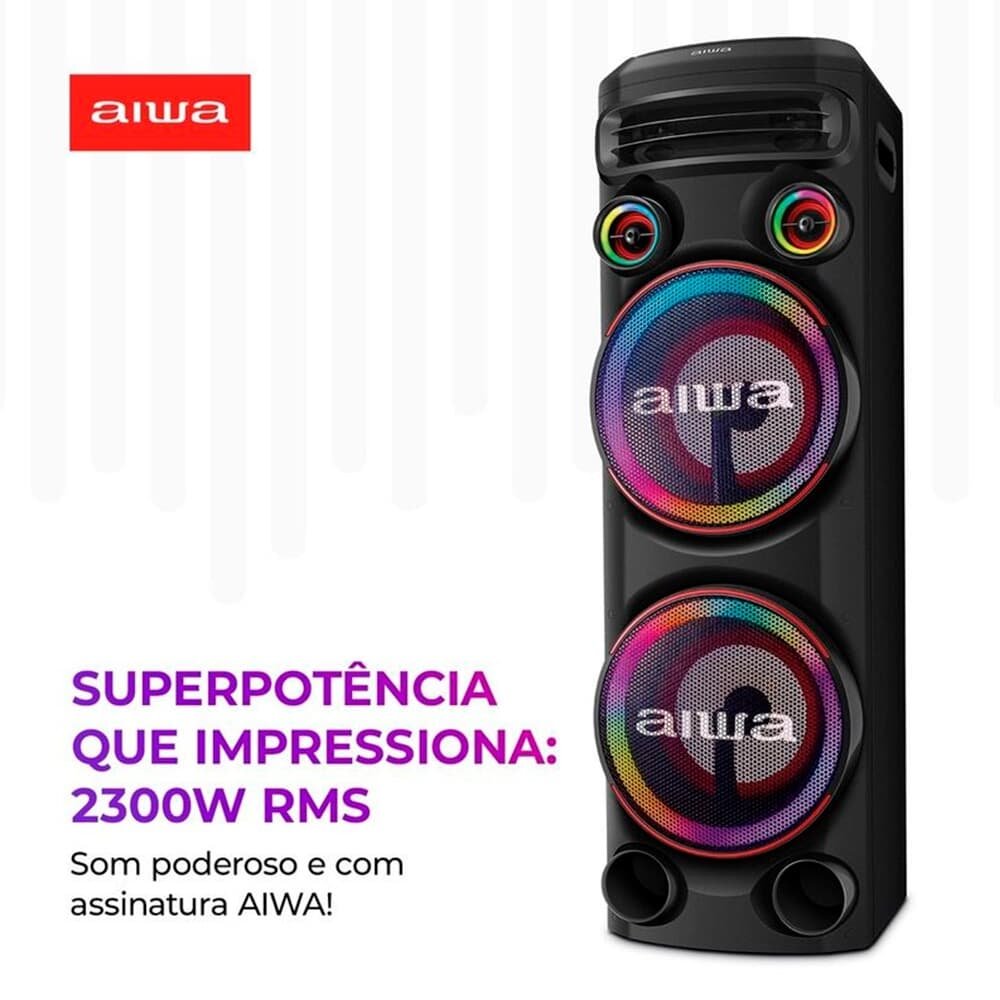 Torre De Som AIWA, RGB, Bivolt, Bluetooth 5.3, TWS, 2 Woofers 10, Preto - AWS-T2W-02