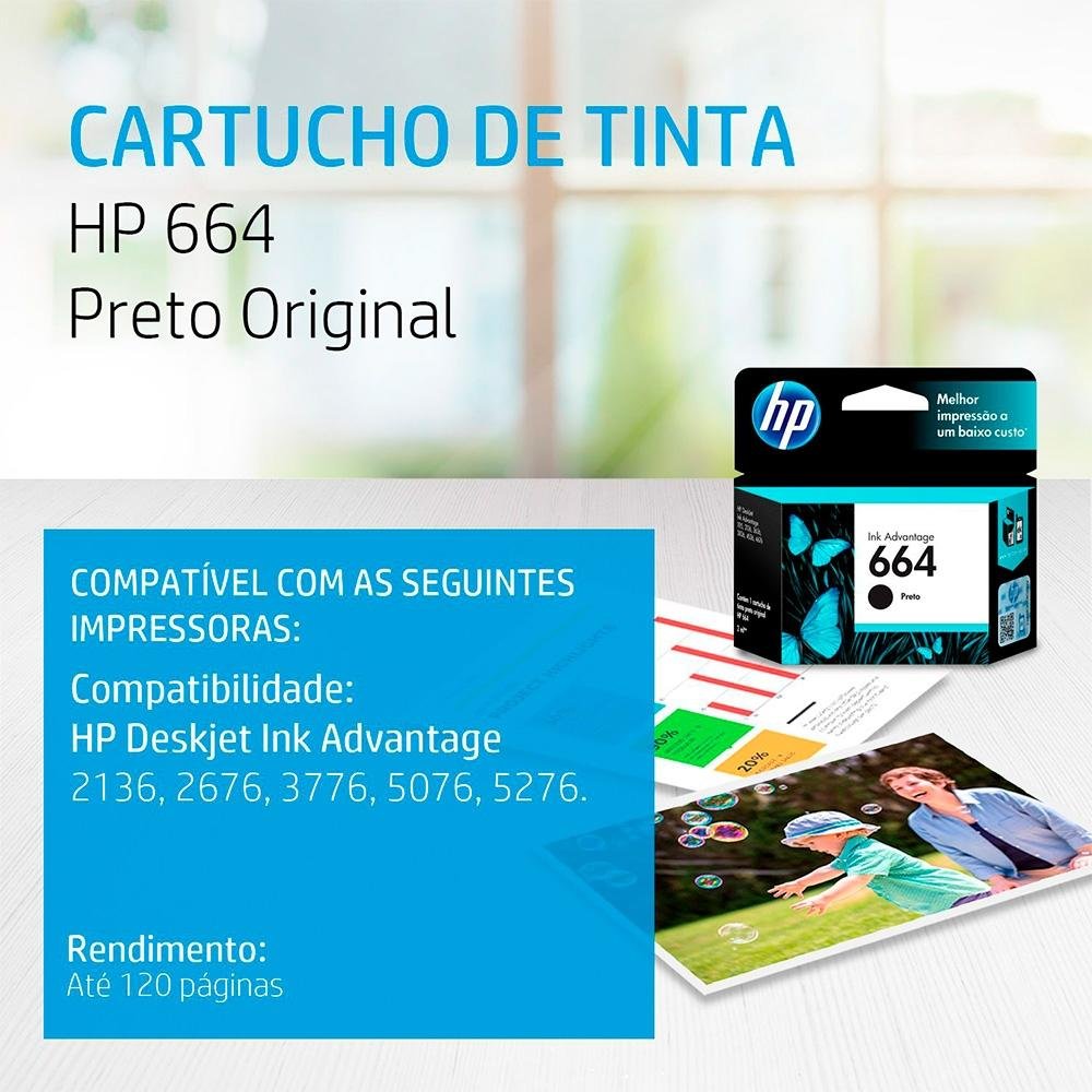 Cartucho de Tinta HP 664 Deskjet 2136, 2676, 3776, 5076 e 5276, Preto - F6V29AB Cartucho de Tinta HP 664 Deskjet 2136, 2676, 3776, 5076 e 5276, Preto - F6V29AB