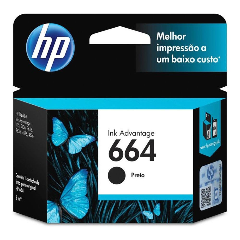 Cartucho de Tinta HP 664 Deskjet 2136, 2676, 3776, 5076 e 5276, Preto - F6V29AB Cartucho de Tinta HP 664 Deskjet 2136, 2676, 3776, 5076 e 5276, Preto - F6V29AB