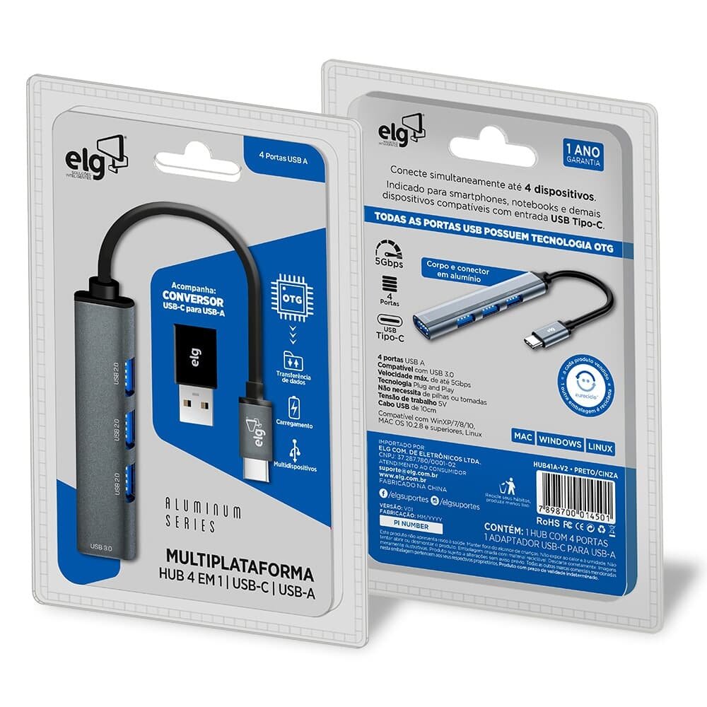 Hub USB HUB41A-V2 4 em 1 Tipo-C | KaBuM!