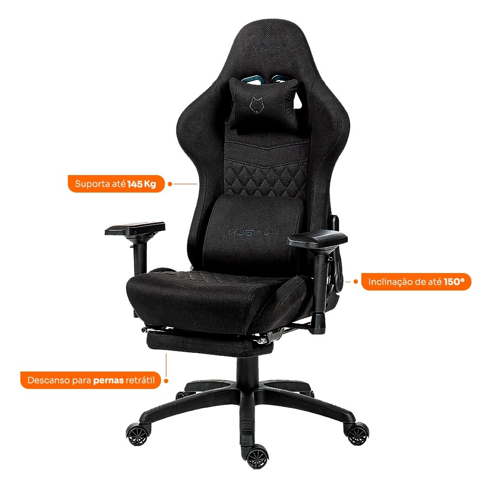 Cadeira Gamer Husky Tempest 4D, Até 145kg, Braços 4D, Almofadas, Reclinável 150º, Tecido, Descanso para Pés, Preta Tecido - HCG700PTT4D - view 7