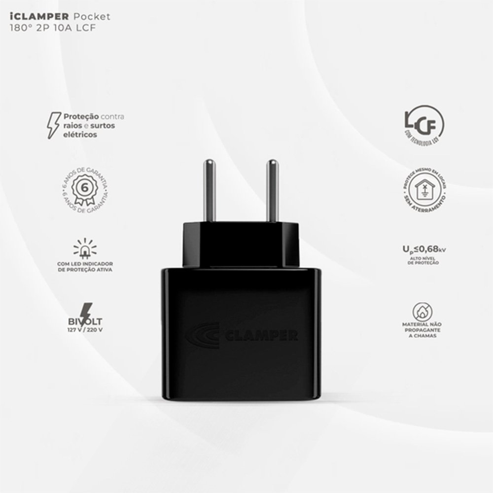 Protetor Contra Surtos Elétricos (DPS), 127/220V, 10 Amperes, 1 Tomada, 2 pinos, iCLAMPER Pocket LCF, 2P 10A, Preto - 28509 Protetor Contra Surtos Elétricos (DPS), 127/220V, 10 Amperes, 1 Tomada, 2 pinos, iCLAMPER Pocket LCF, 2P 10A, Preto - 28509