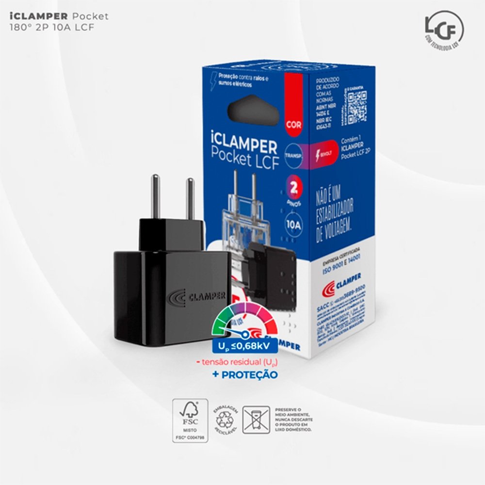 Protetor Contra Surtos Elétricos (DPS), 127/220V, 10 Amperes, 1 Tomada, 2 pinos, iCLAMPER Pocket LCF, 2P 10A, Preto - 28509 Protetor Contra Surtos Elétricos (DPS), 127/220V, 10 Amperes, 1 Tomada, 2 pinos, iCLAMPER Pocket LCF, 2P 10A, Preto - 28509