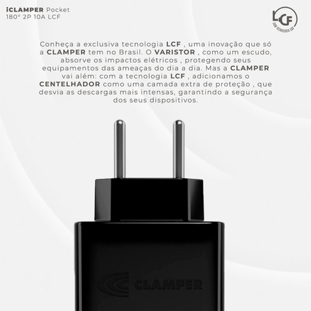 Protetor Contra Surtos Elétricos (DPS), 127/220V, 10 Amperes, 1 Tomada, 2 pinos, iCLAMPER Pocket LCF, 2P 10A, Preto - 28509 Protetor Contra Surtos Elétricos (DPS), 127/220V, 10 Amperes, 1 Tomada, 2 pinos, iCLAMPER Pocket LCF, 2P 10A, Preto - 28509