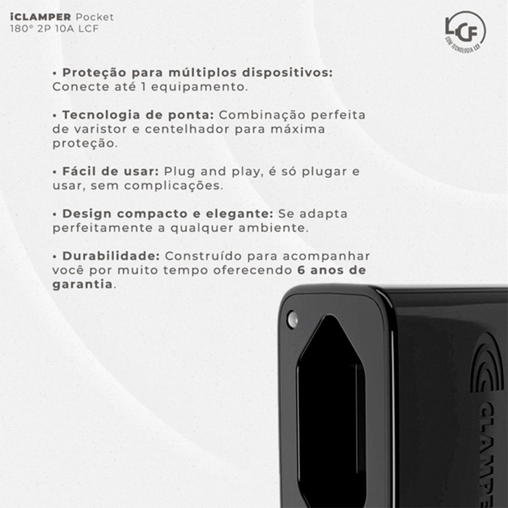 Protetor Contra Surtos Elétricos (DPS), 127/220V, 10 Amperes, 1 Tomada, 2 pinos, iCLAMPER Pocket LCF, 2P 10A, Preto - 28509 Protetor Contra Surtos Elétricos (DPS), 127/220V, 10 Amperes, 1 Tomada, 2 pinos, iCLAMPER Pocket LCF, 2P 10A, Preto - 28509