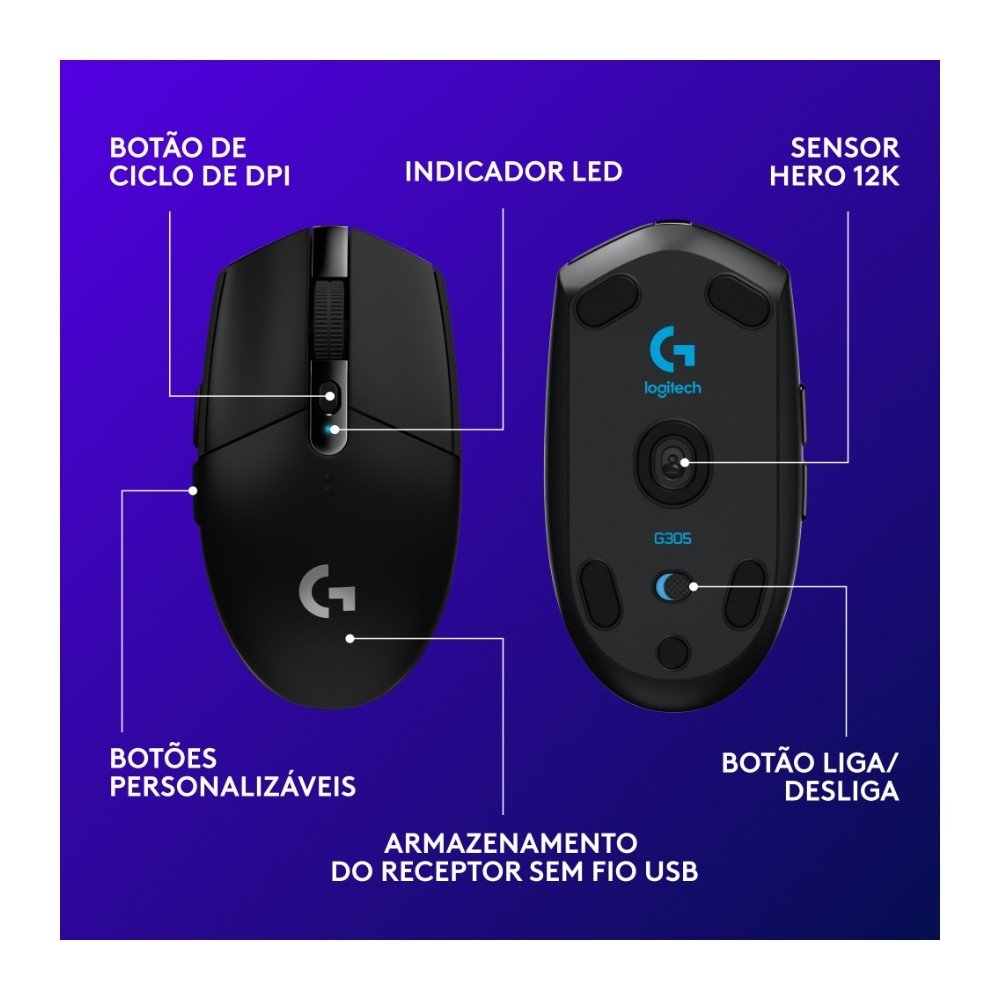 Mouse Gamer Sem Fio Logitech G305 LIGHTSPEED, 12000 DPI, 6 Botões, Preto - 910-005281 Mouse Gamer Sem Fio Logitech G305 LIGHTSPEED, 12000 DPI, 6 Botões, Preto - 910-005281