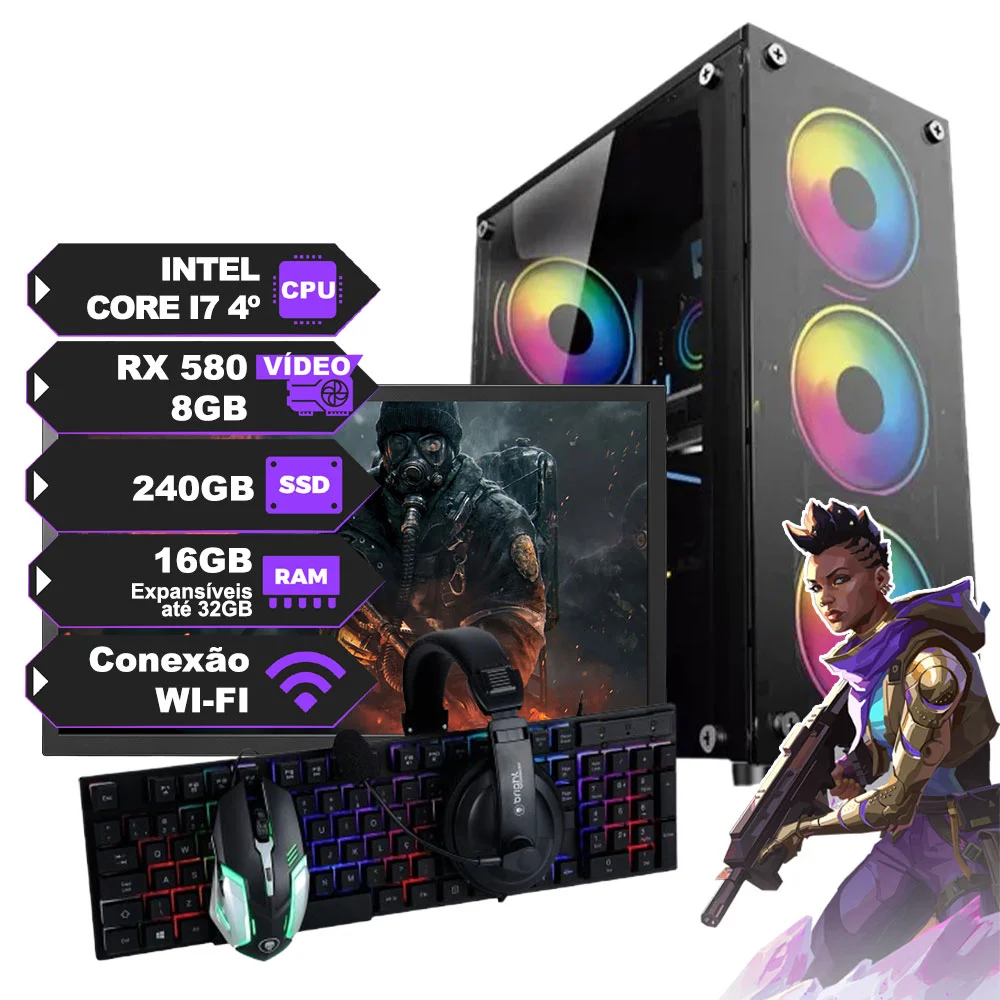 "PC Gamer Completo Intel i7 4Th, 16GB RAM, RX 580 8GB, SSD 240GB, Wi-Fi, Fonte 600W, Windows 10 + Monitor 20"" + Kit Gamer"