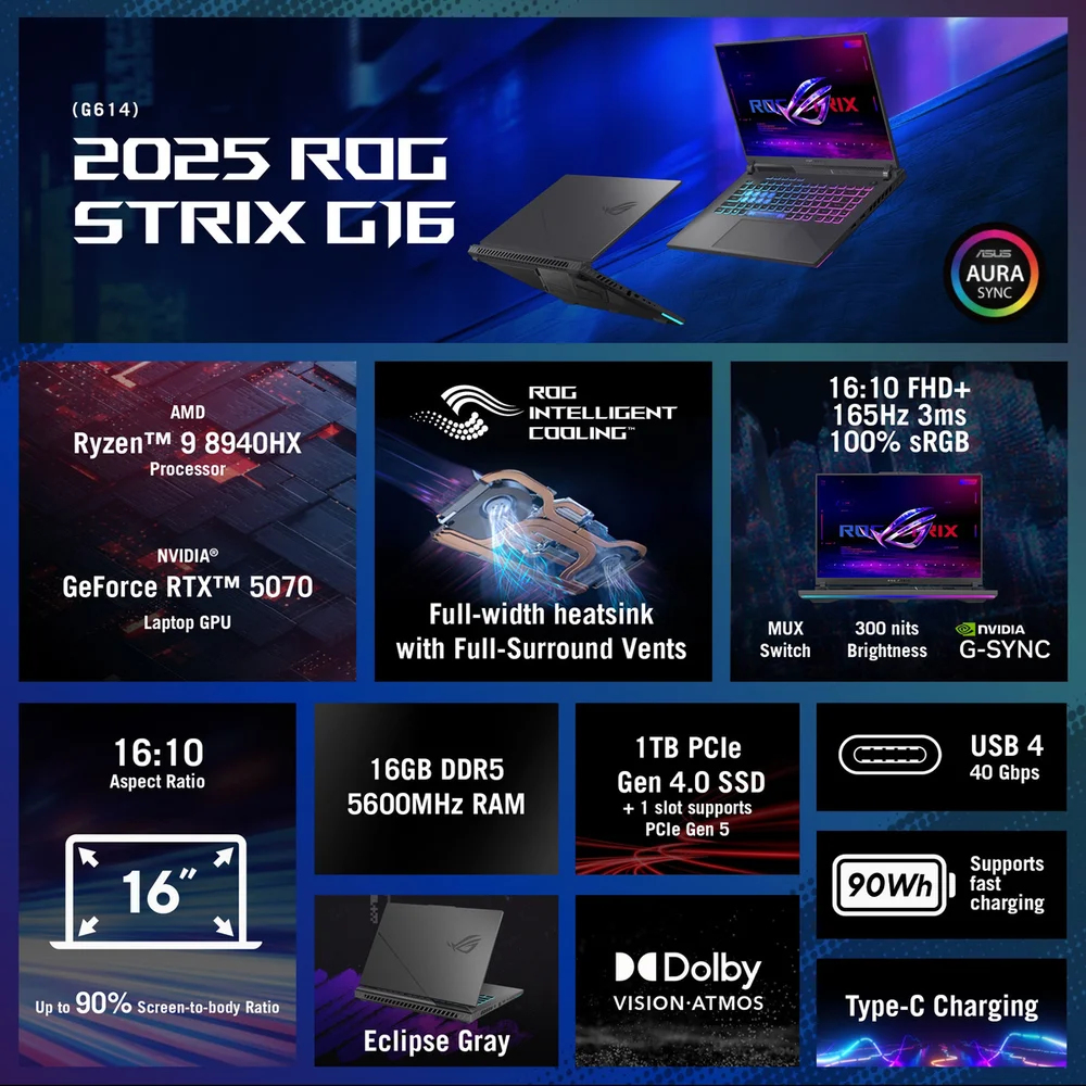 Notebook Gamer ASUS ROG Strix G16 Ryzen 9, 16GB RAM, RTX 5070, 1TB SSD, Tela 16"" 165Hz, Windows 11, Eclipse Gray - view 3