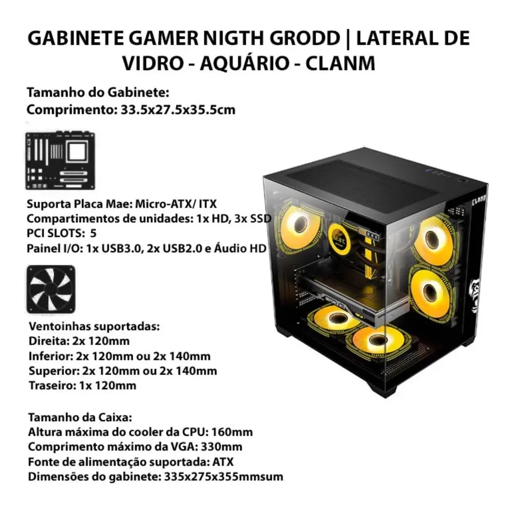 Gabinete Gamer Grodd Clanm Mid Tower Preto Miniitx Matx Aço E Vidro 350x270x350mm Portas Usb 3.0 E Usb 2.0, O Grodd Clan Gabinete Gamer Grodd Clanm Mid Tower Preto Miniitx Matx Aço E Vidro 350x270x350mm Portas Usb 3.0 E Usb 2.0, O Grodd Clan