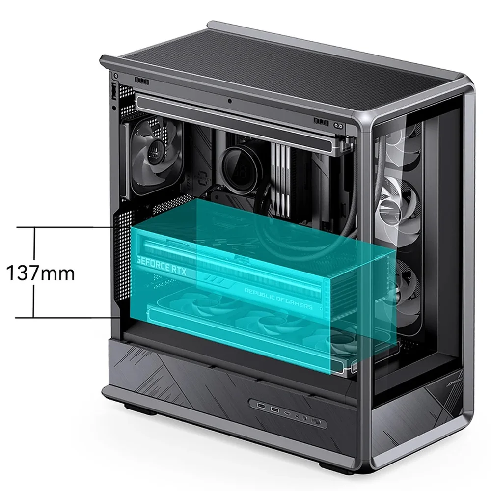 Gabinete Gamer Jonsbo D401 Mid Tower Preto - Visão Panorâmica 270°, Suporte Para Placas Back-connect E Dual 360mm - Preto