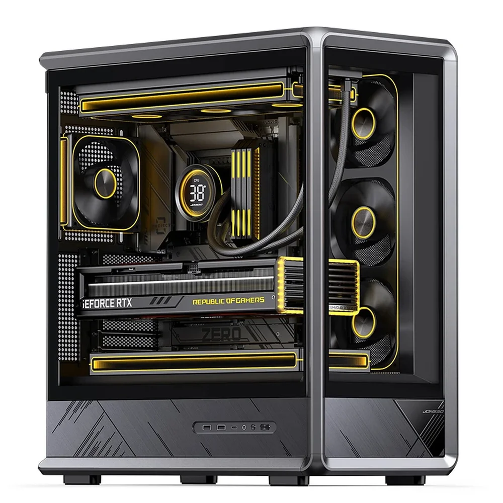 Gabinete Gamer Jonsbo D401 Mid Tower Preto - Visão Panorâmica 270°, Suporte Para Placas Back-connect E Dual 360mm - Preto