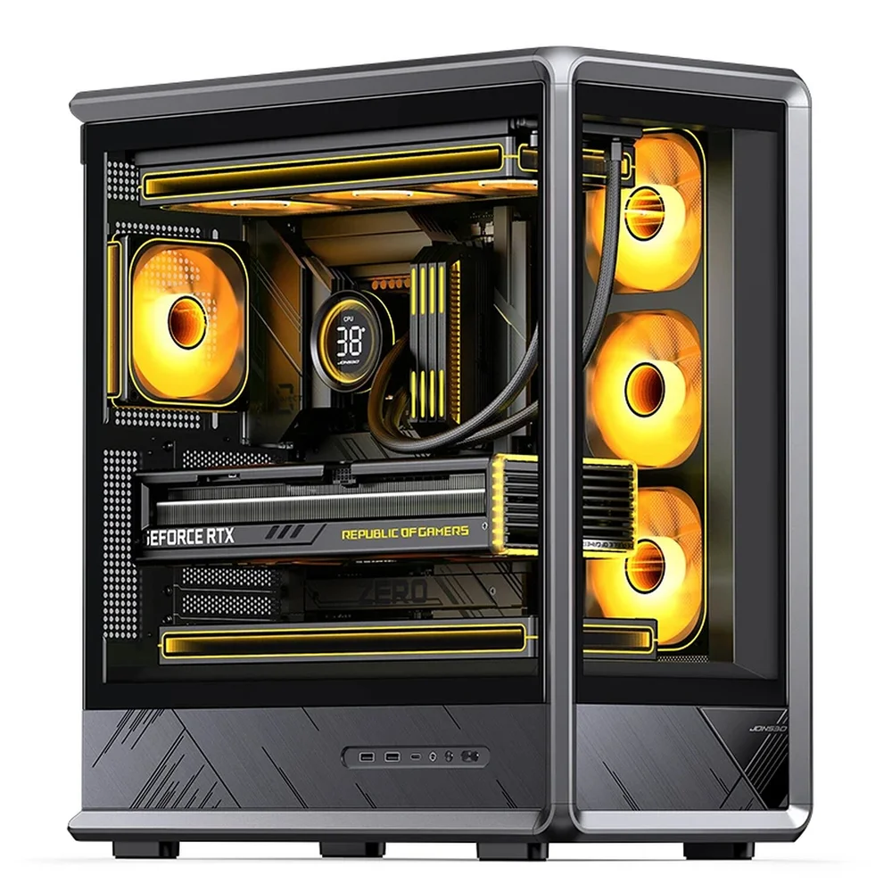 Gabinete Gamer Jonsbo D401 Mid Tower Preto - Visão Panorâmica 270°, Suporte Para Placas Back-connect E Dual 360mm - Preto