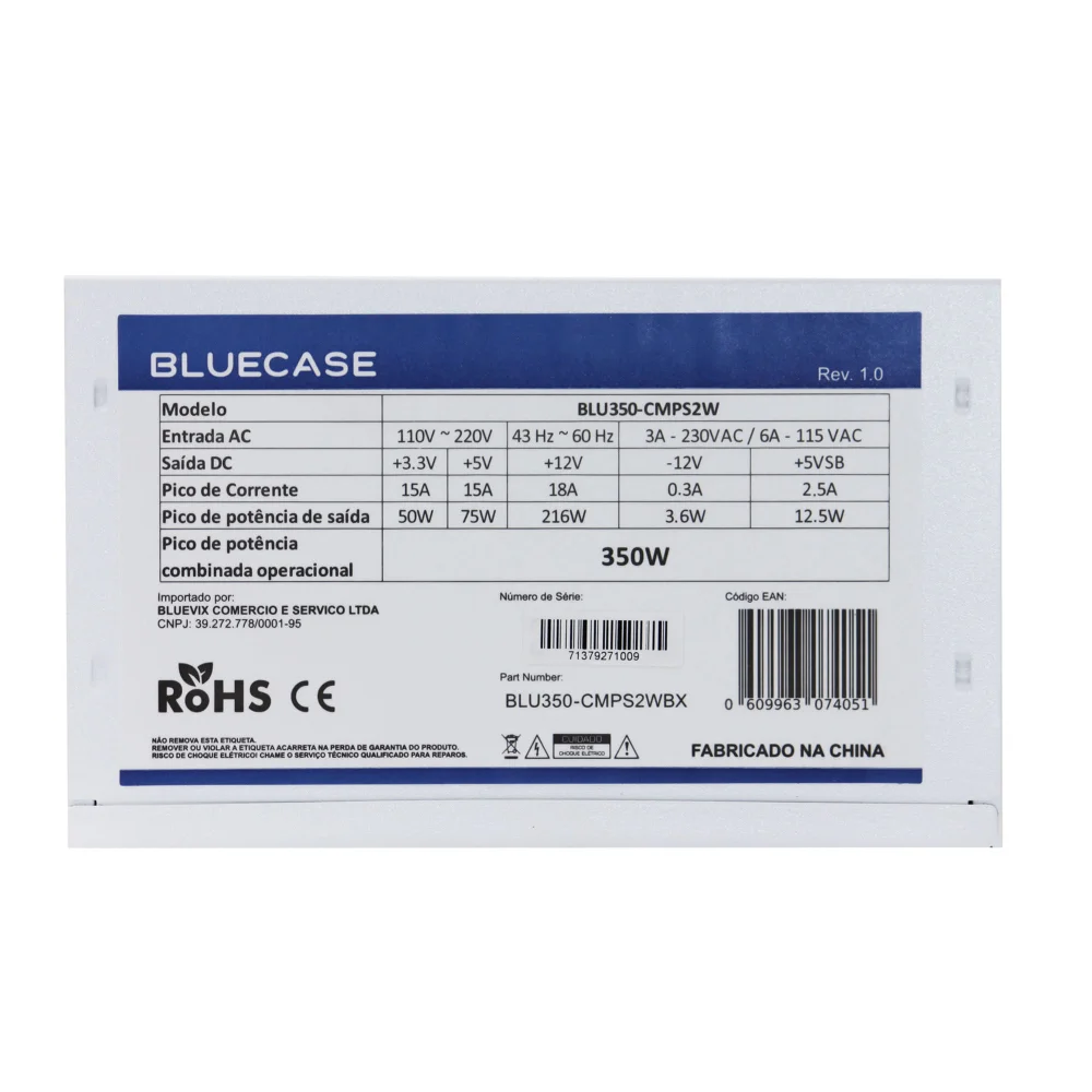 Fonte Atx 0350 W Bluecase, Blu350-cmps2wbx, Bivolt, Com Cabo, Com Caixa, Branca Fonte Atx 0350 W Bluecase, Blu350-cmps2wbx, Bivolt, Com Cabo, Com Caixa, Branca