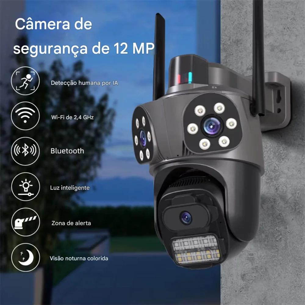 Camera Segurança Três Lentes Wifi Ultra Hd 4k Prova Dágua Sirene Casa Empresa Interior Exterior