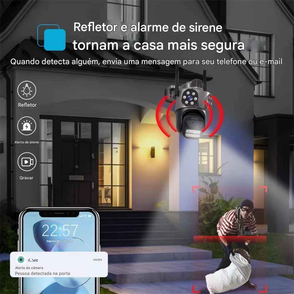 Camera Segurança Três Lentes Wifi Ultra Hd 4k Prova Dágua Sirene Casa Empresa Interior Exterior