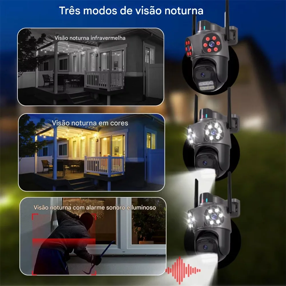 Camera Segurança Três Lentes Wifi Ultra Hd 4k Prova Dágua Sirene Casa Empresa Interior Exterior