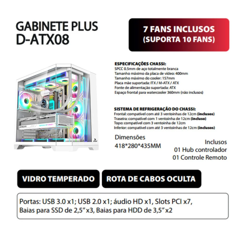 Gabinete Gamer Mid Tower Áquario Vidro Temperado White Atx/m-atx Sem Fonte Com 7 Fans Rainbow RGB D-matx08 Gabinete Gamer Mid Tower Áquario Vidro Temperado White Atx/m-atx Sem Fonte Com 7 Fans Rainbow RGB D-matx08