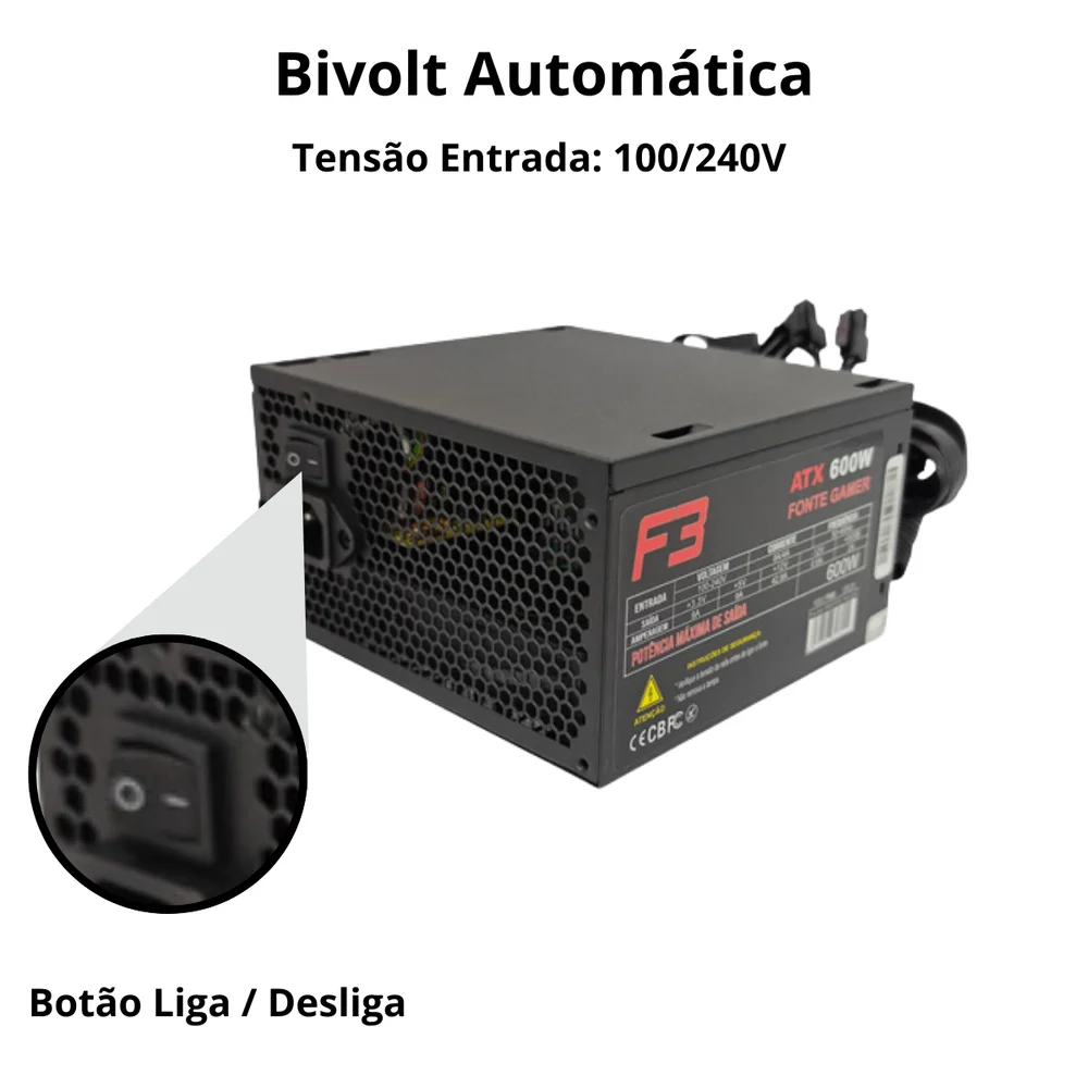 Fonte Atx 600w Real Gamer 80 Plus Bronze Bivolt Automatica Com Cabo