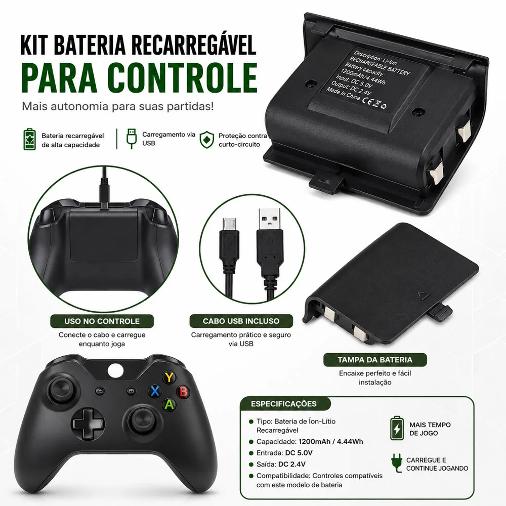Kit Com 2 Baterias E Cabo Carregador Compatível Com X Box One Kit Com 2 Baterias E Cabo Carregador Compatível Com X Box One
