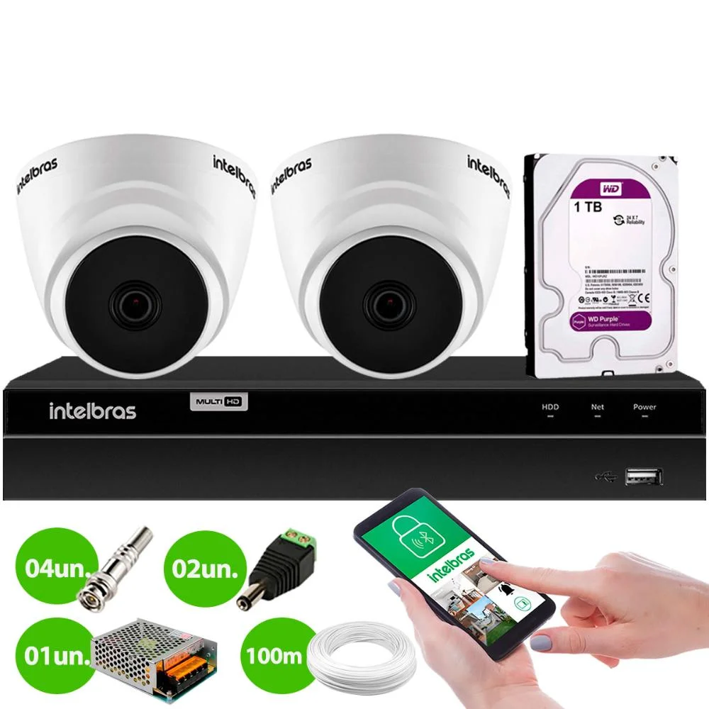 Kit 2 Câmeras Segurança Dome 720p Vhl 1120 D 3,6mm Ir 20 Dvr Intelbras Mhdx 1204 4 Canais 1TB Purple