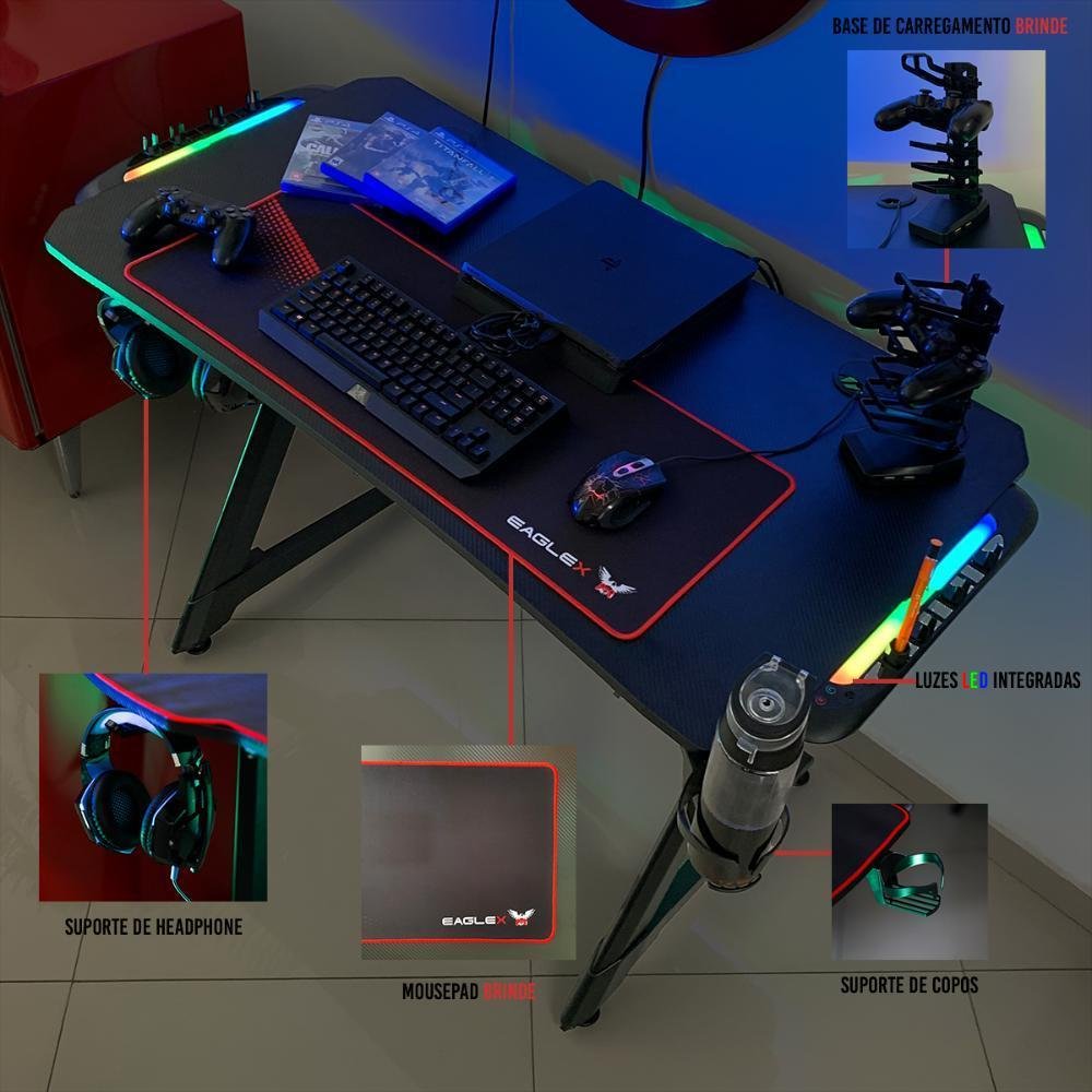 Mesa Gamer RGB Eaglex Series Z, Com Mousepad, Antiderrapante, Preto Mesa Gamer RGB Eaglex Series Z, Com Mousepad, Antiderrapante, Preto
