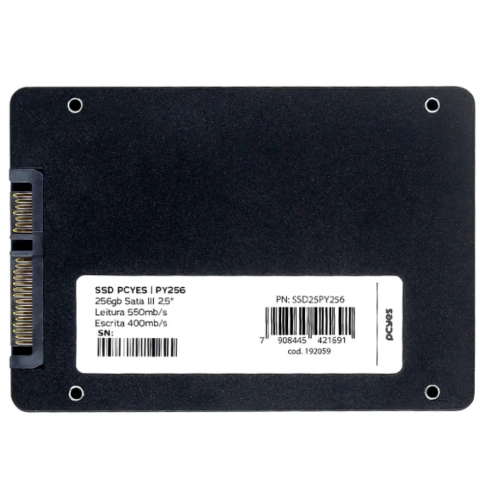 SSD PCYES, 256GB, SATA III, TLC 3D, Leitura: 550MB/s, Gravação: 400MB/s - SSD25PY256E SSD PCYES, 256GB, SATA III, TLC 3D, Leitura: 550MB/s, Gravação: 400MB/s - SSD25PY256E