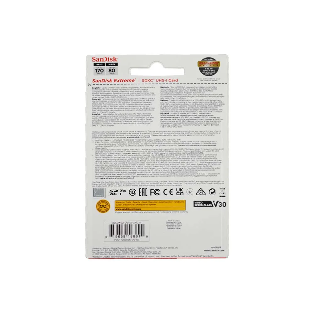 Cartão Sdxc 64GB, Sandisk Extreme 4k 170mb/s Uhs-i,V30, U3,Classe 10 Cartão Sdxc 64GB, Sandisk Extreme 4k 170mb/s Uhs-i,V30, U3,Classe 10